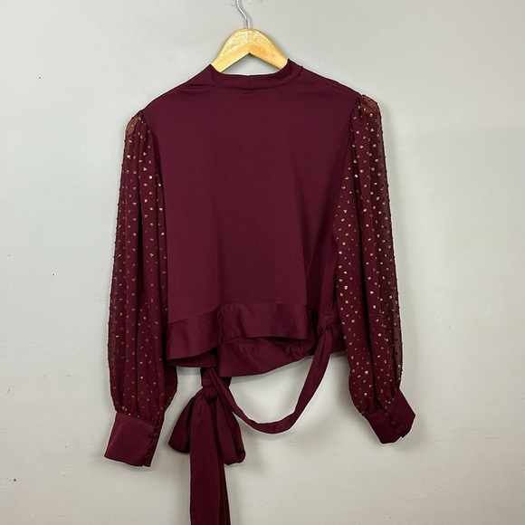 NWT Unique Vintage Burgundy & Gold Dot Giselle Wrap Top Sz 4X - Picture 6 of 10